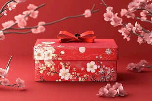中式红礼盒配烂漫樱花