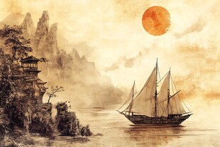 夕阳下的江景帆船图