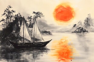 落日下的江面帆船美景