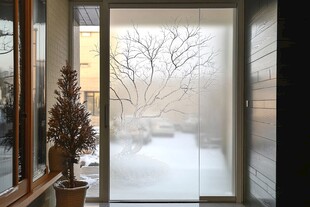 冬日室内透过玻璃看雪景