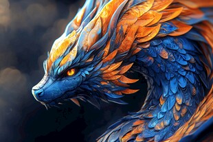 奇幻蓝橙相间龙的霸气特写