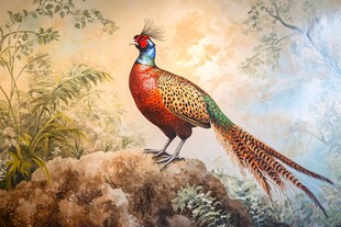 五彩斑斓的雉鸡立岩石上