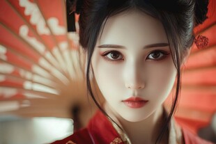 古风美人持红伞展风韵