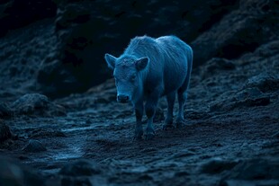 蓝调光影下独行的牛