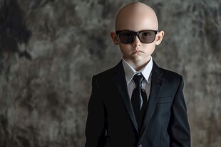 光头萌娃身着西装戴墨镜