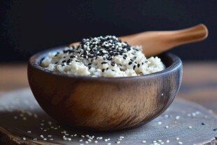 木碗中的撒芝麻糙米饭