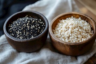 木碗中的黑白芝麻与大米