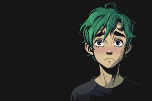 绿发少年的忧郁神情