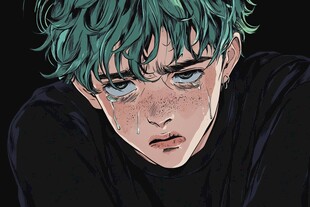 绿发少年落泪的忧郁瞬间