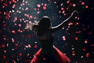 女子舞于纷飞玫瑰花瓣中