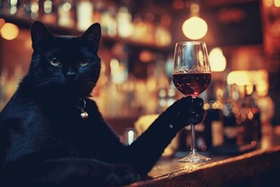 黑猫优雅举杯享红酒