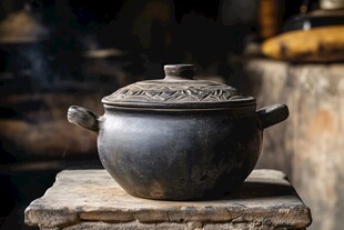 古朴陶制汤锅置于石上