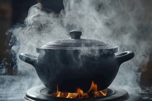 黑锅置于火焰上热气升腾