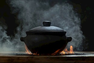 土锅置于火上热气升腾