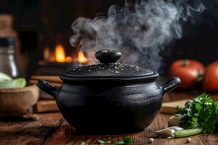 黑陶锅烹饪中 蒸汽袅袅