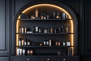 黑色拱架上的精致美妆陈列