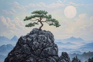 孤松傲立山巅映明月