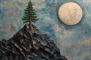 孤松傲立山峰伴明月