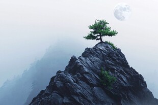 孤松屹立山巅伴明月