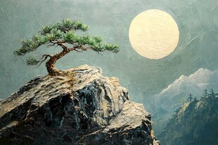 月夜孤松立崖顶