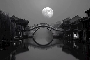 月夜下的江南水乡古桥