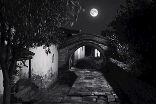 月夜下的古桥小巷