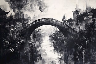 水墨古风桥畔月夜景致