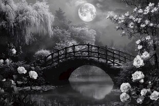 月夜下的桥畔花卉景致