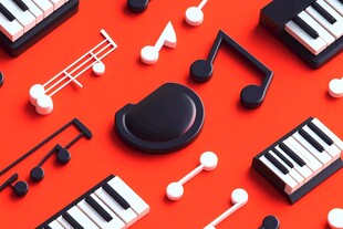 红色背景下的音乐元素组合