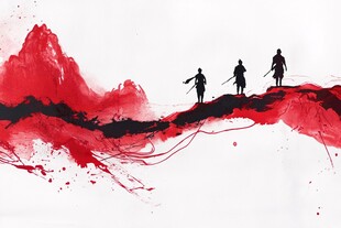 血色山脊上的武士身影