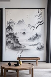 中式客厅的水墨山水画卷