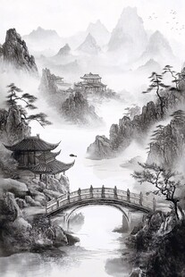 水墨山水间的古韵桥亭