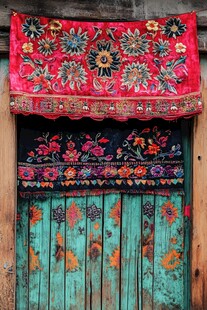 传统刺绣装饰的古朴木门