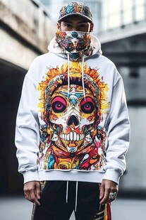 个性骷髅印花连帽卫衣穿搭
