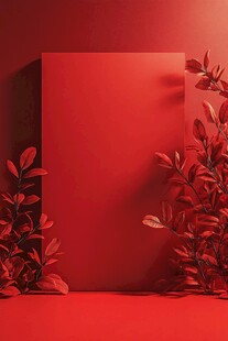 红色背景与植物装饰画面