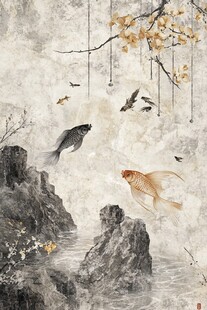 水墨山水间鱼鸟共舞图