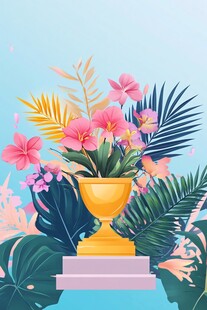 金色奖杯旁的缤纷花卉