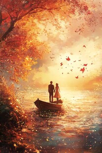 秋日湖畔情侣浪漫泛舟