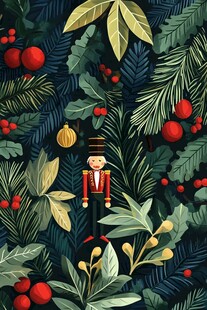 圣诞胡桃夹子与绿植插画