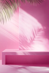 粉色空间中的棕榈叶光影