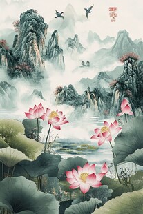 水墨山水间的荷花盛景