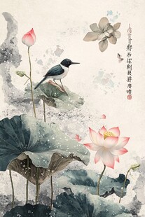 水墨荷塘间的鸟趣
