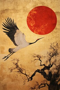 丹顶鹤迎红日展翅图