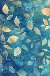 蓝底金叶水彩植物图案