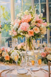 浪漫花卉装点的精致餐桌