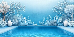 梦幻蓝调泳池花园景致