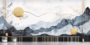 中式山水金月背景墙艺术