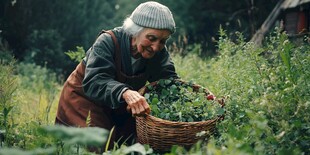 老妇田园采摘 悠然自得