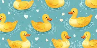 小黄鸭在蓝水间悠游图案