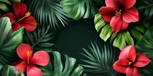 红扶桑与绿叶的热带风情